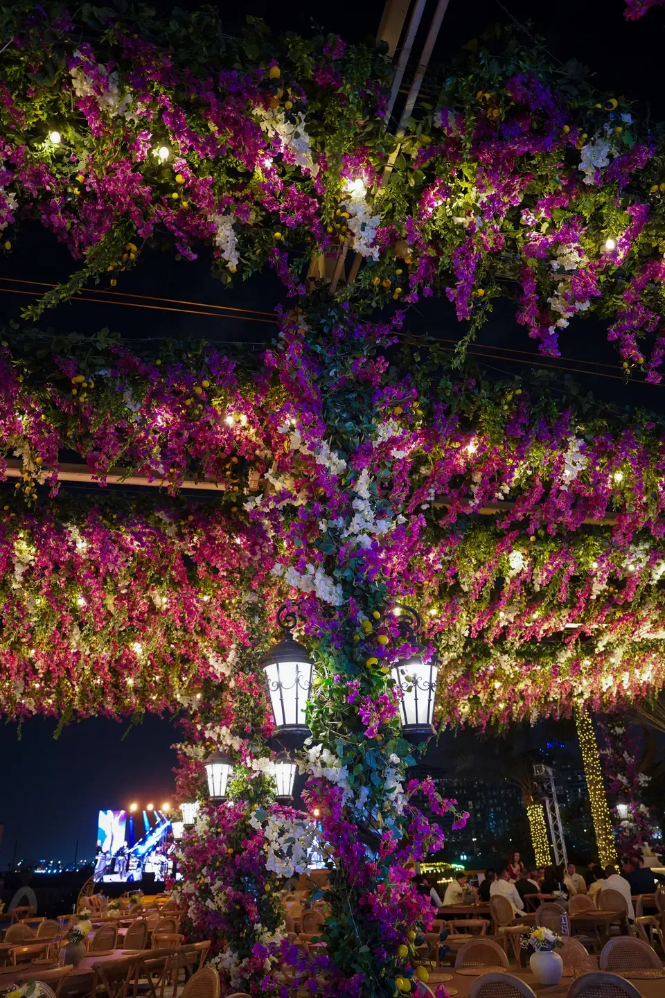 Dense canopy of magenta and green foliage overhead around a lit lamp post